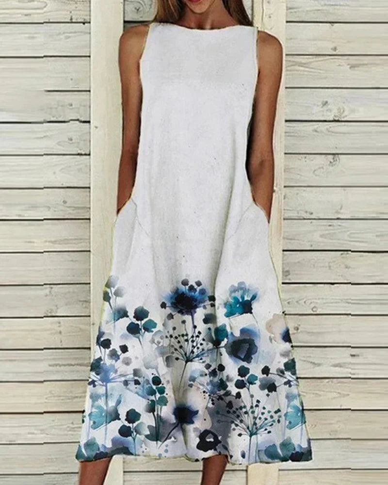 Barbara Sleeveless Crew Neck Floral Midi Dress