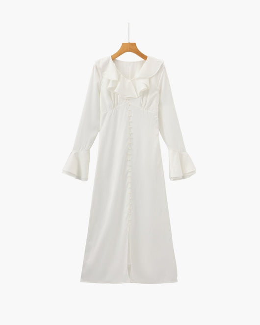 Pearl Button Ruffle Midi Dress