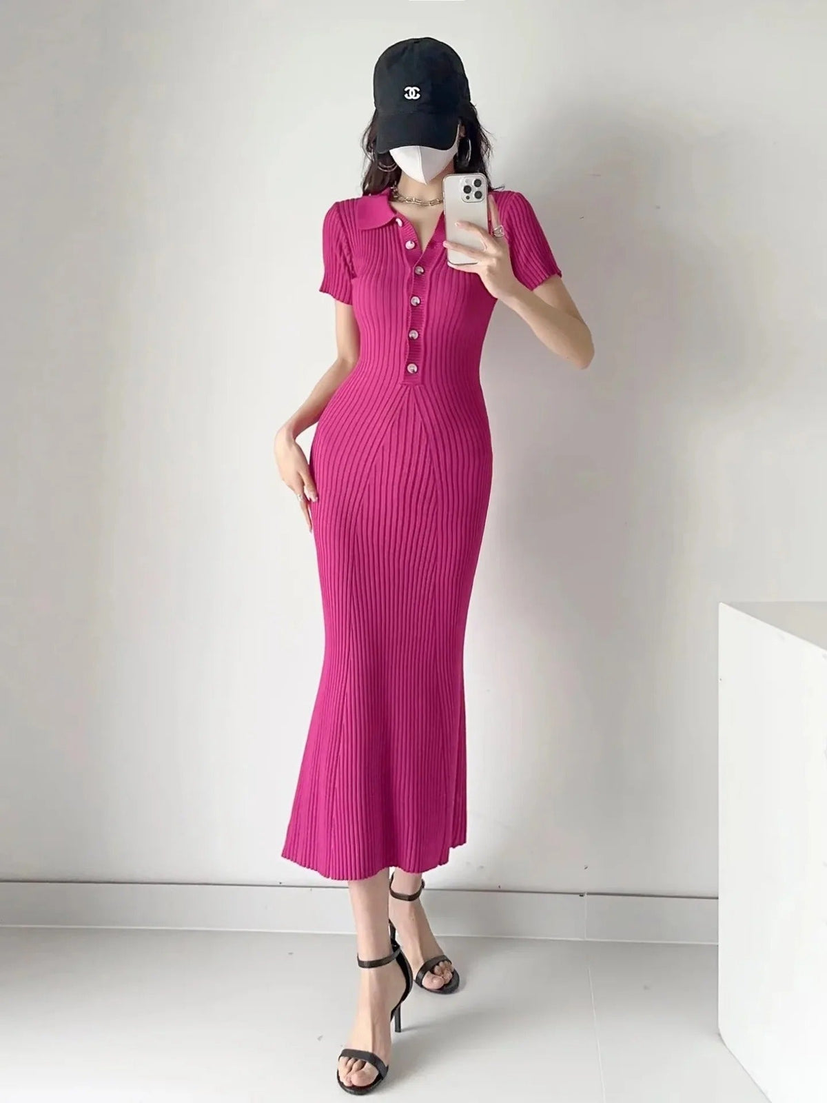 Lena Fitted Ribbed Knit Polo Dress with Button Placket