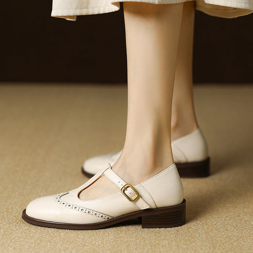 Nadine | Leather T-Strap Low Block Heel Mary Janes