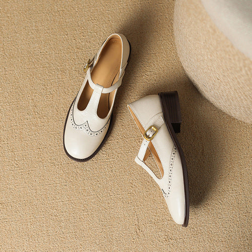 Nadine | Leather T-Strap Low Block Heel Mary Janes