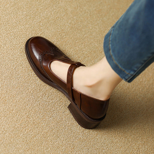 Nadine | Leather T-Strap Low Block Heel Mary Janes