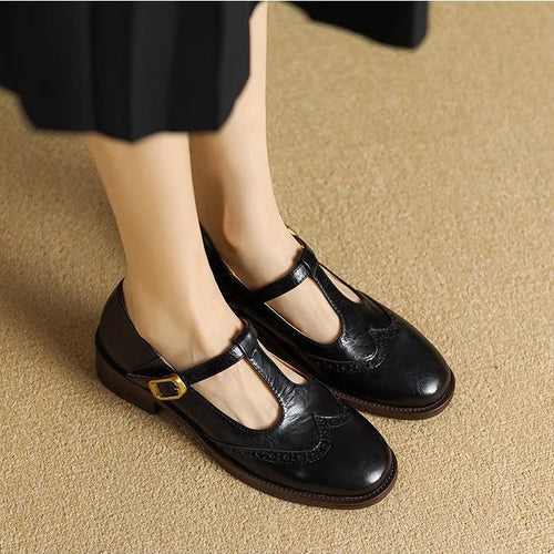 Nadine | Leather T-Strap Low Block Heel Mary Janes