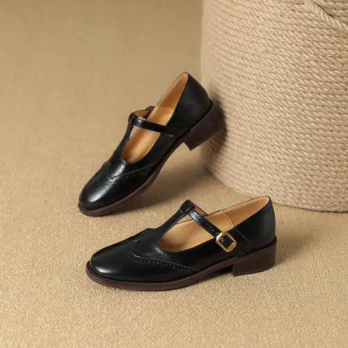 Nadine | Leather T-Strap Low Block Heel Mary Janes