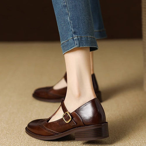 Nadine | Leather T-Strap Low Block Heel Mary Janes