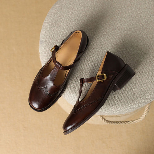 Nadine | Leather T-Strap Low Block Heel Mary Janes