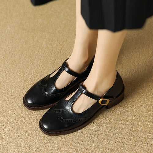 Nadine | Leather T-Strap Low Block Heel Mary Janes