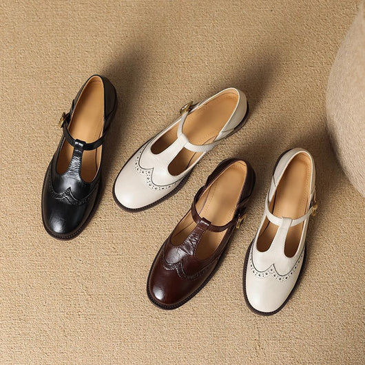 Nadine | Leather T-Strap Low Block Heel Mary Janes