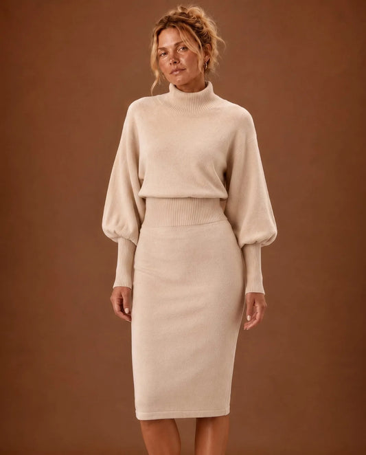 Elodie Knit Midi Dress for Women - Fitted Ribbed Turtleneck - Beige