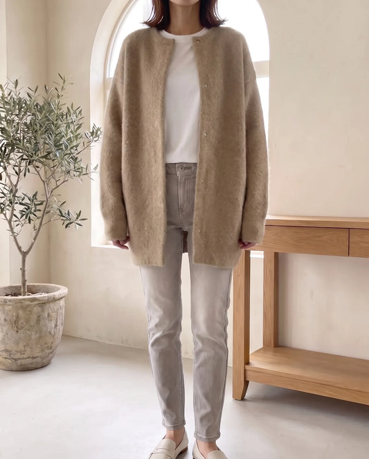 Wren Oversized Cardigan for Women - Fluffy Knit Snap Button Front - Beige