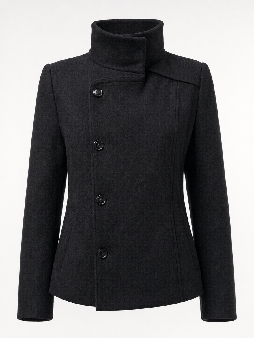 Bramhall Funnel Neck Coat in black, product shot