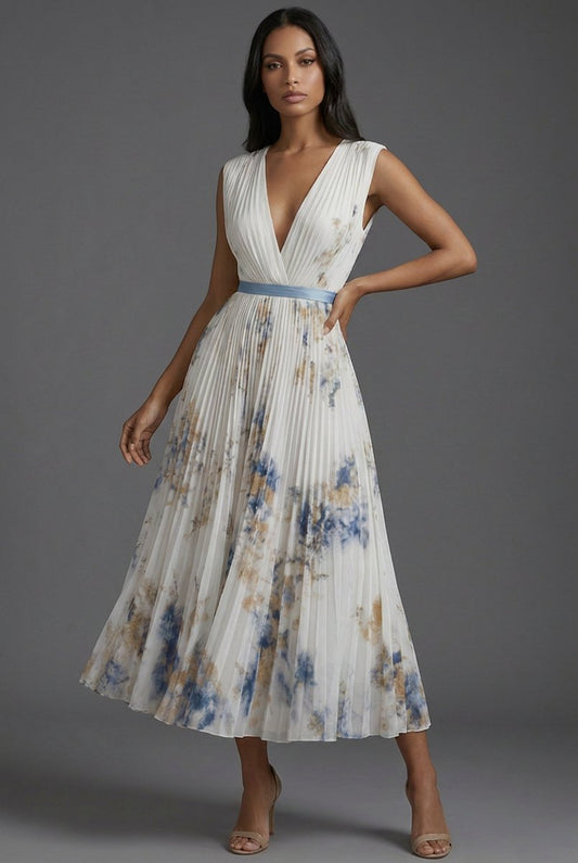 Amelie Floral Midi Dress with Deep V-Neck and Pleated Skirt