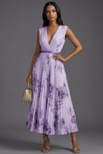 Amelie Floral Midi Dress with Deep V-Neck and Pleated Skirt