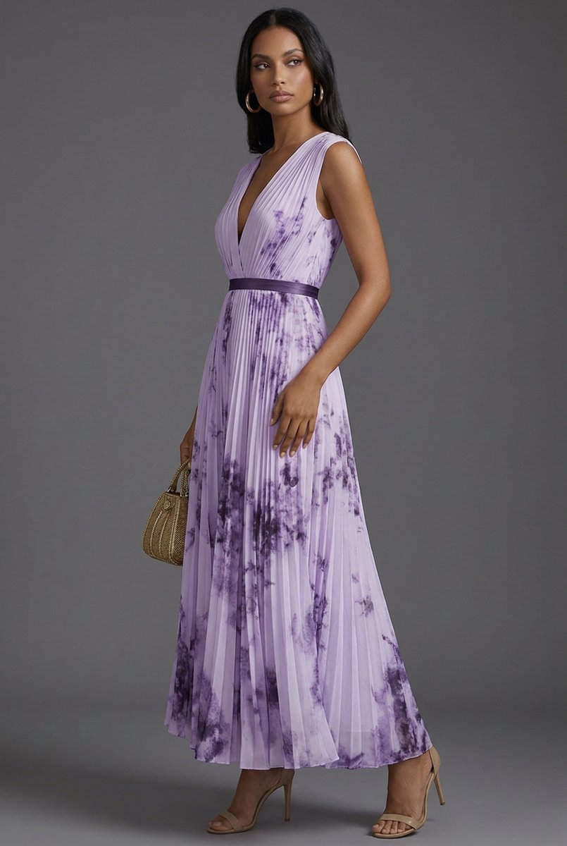 Amelie Floral Midi Dress with Deep V-Neck and Pleated Skirt