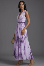 Amelie Floral Midi Dress with Deep V-Neck and Pleated Skirt