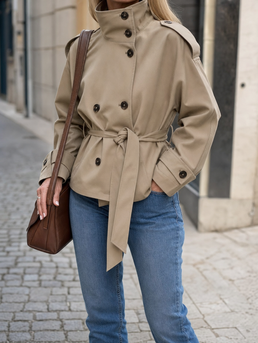 Caldecott Belted Cropped Trench in khaki worn with jeans, front view