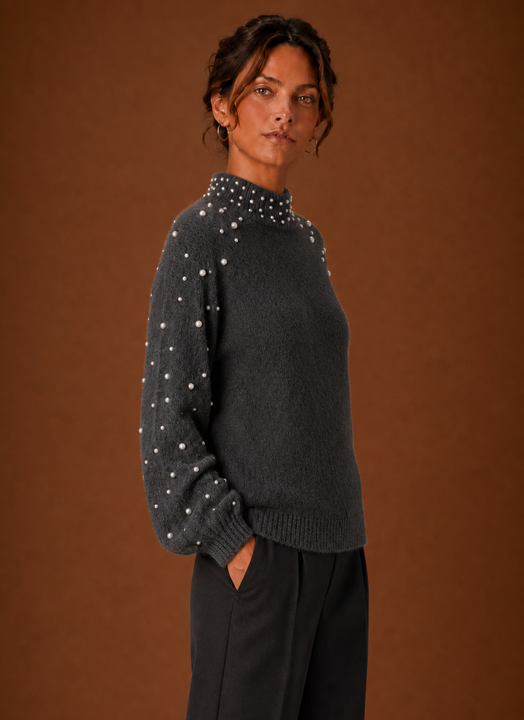 Women's Knit Pullover - Pearl Embellished Sweater | Areleon