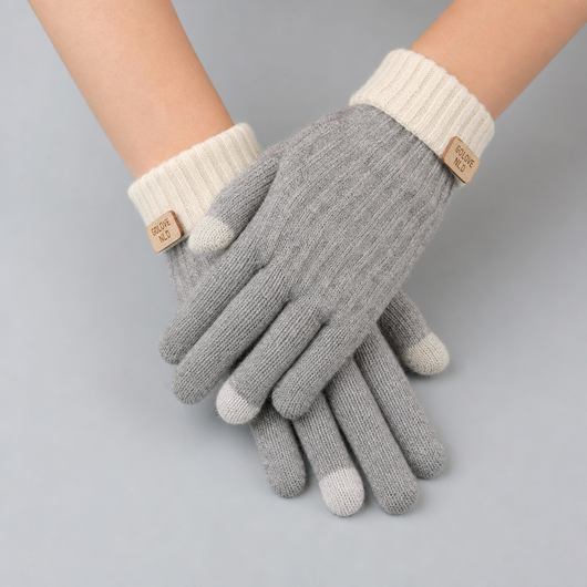 Colby Knit Touchscreen Gloves in grey worn on the hands