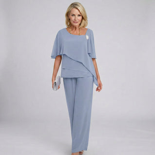 Marlene Chiffon Cape-Sleeve Two-Piece Set with Wide-Leg Pants