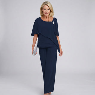 Marlene Chiffon Cape-Sleeve Two-Piece Set with Wide-Leg Pants