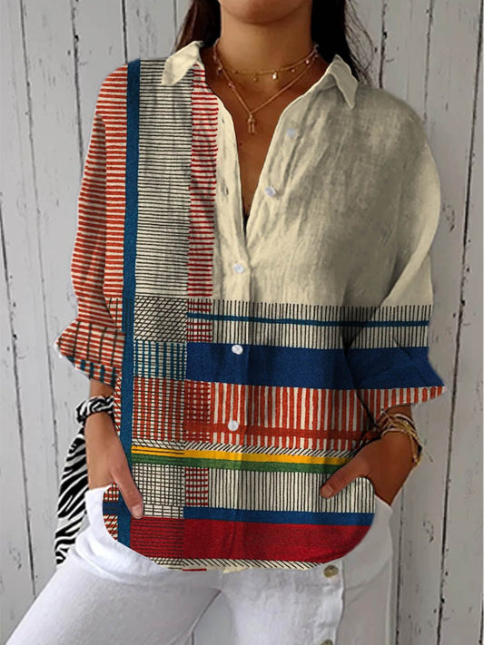Annika Geometric Print Long Sleeve Button-Down Blouse