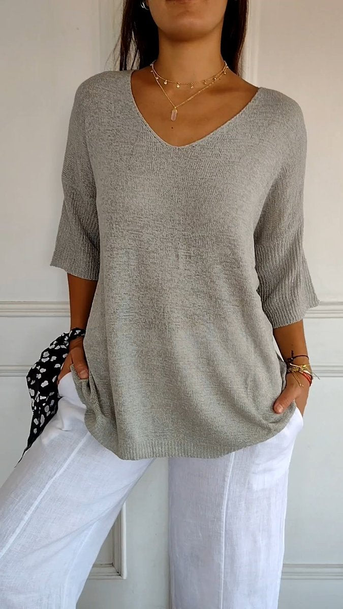Nora Relaxed V-Neck Short-Sleeve Knit Top