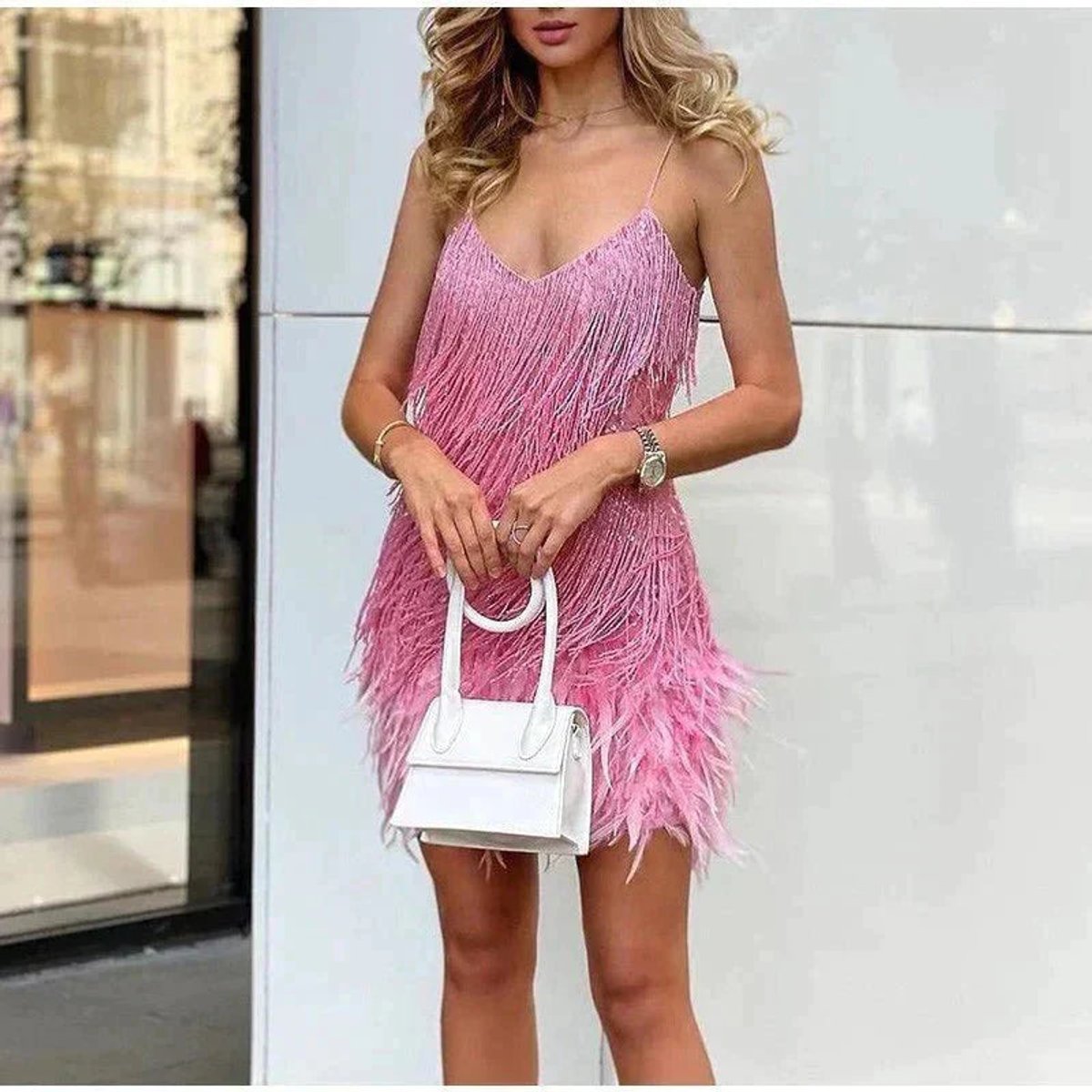 Johanna Sequin Fringe Mini Dress with Feather Trim