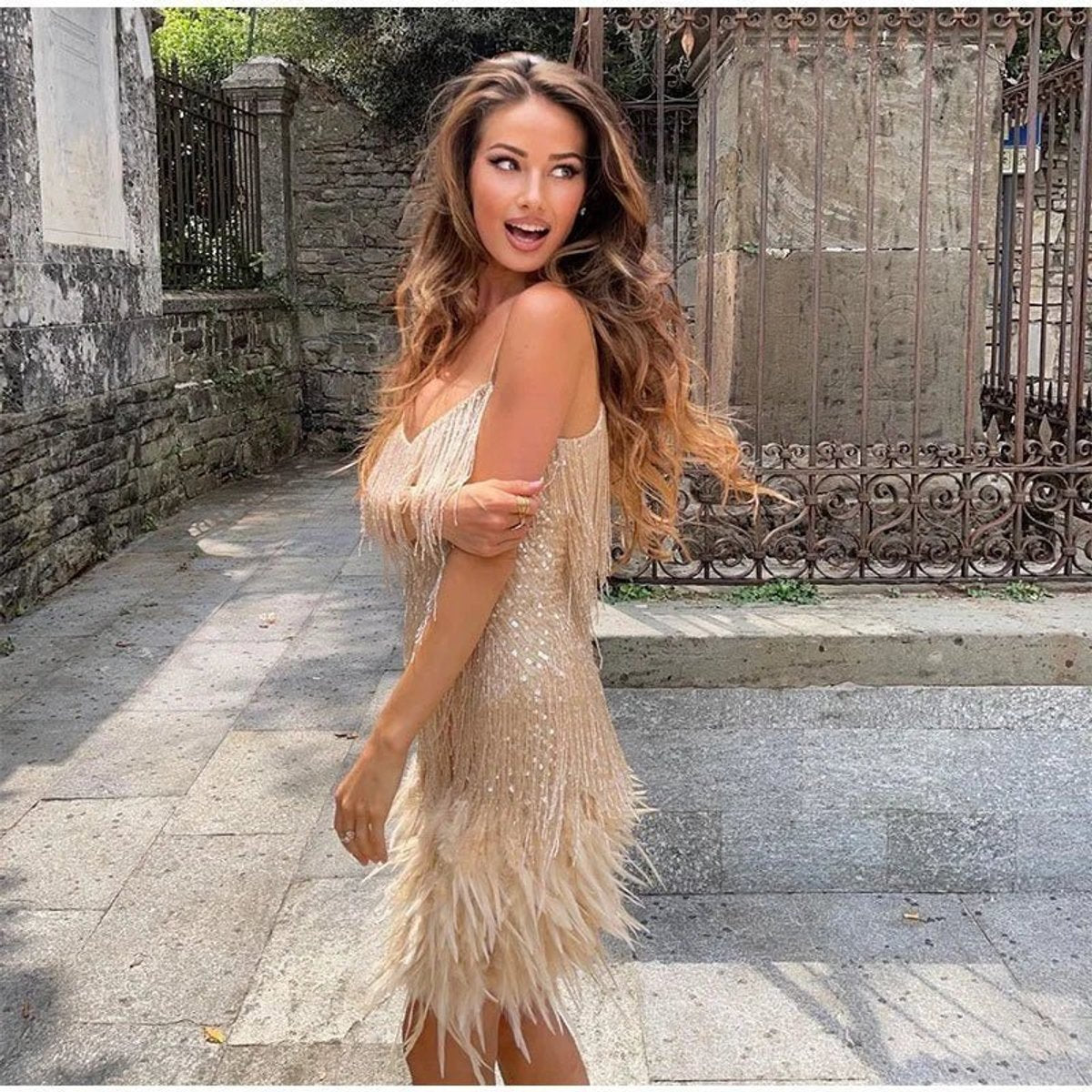 Johanna Sequin Fringe Mini Dress with Feather Trim