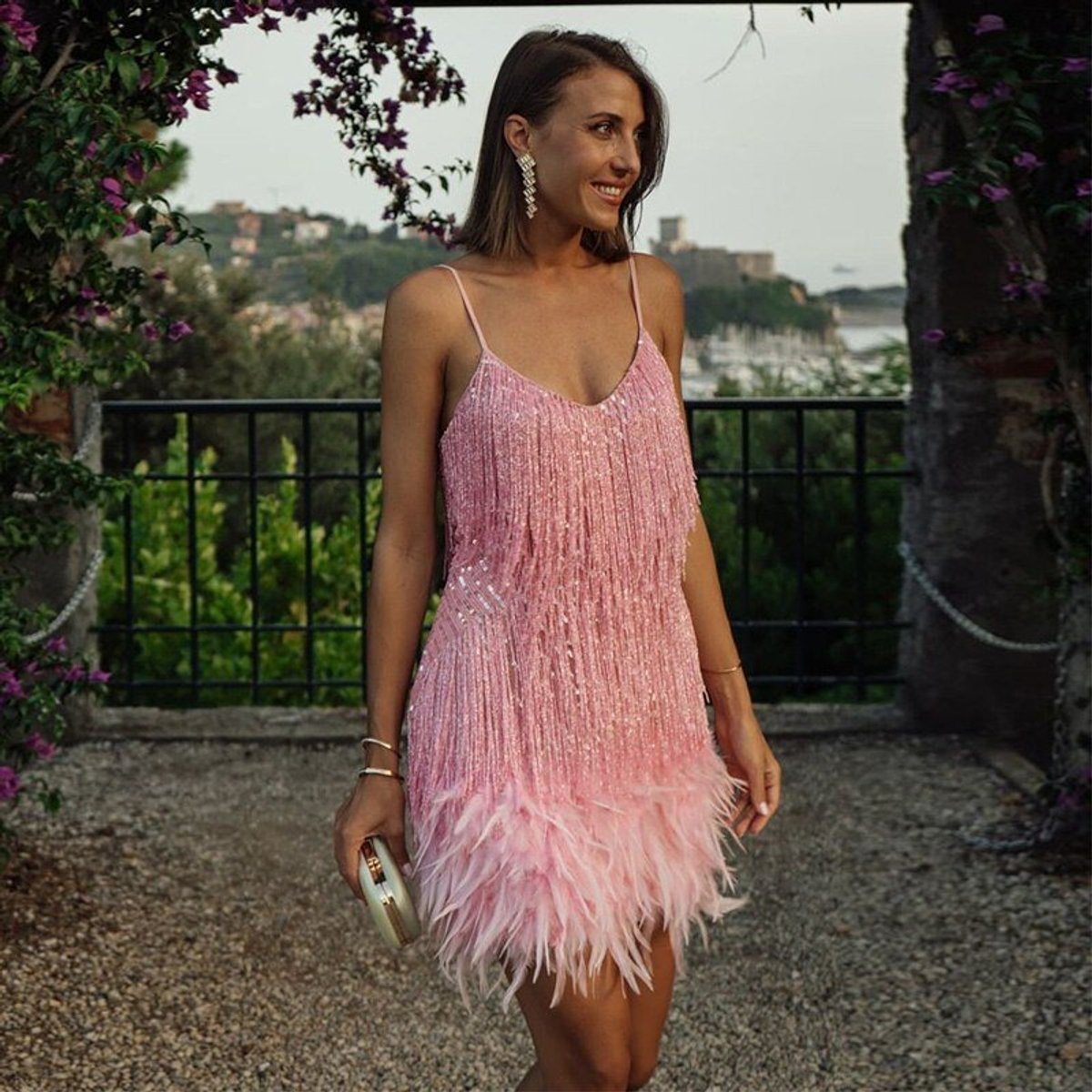 Johanna Sequin Fringe Mini Dress with Feather Trim