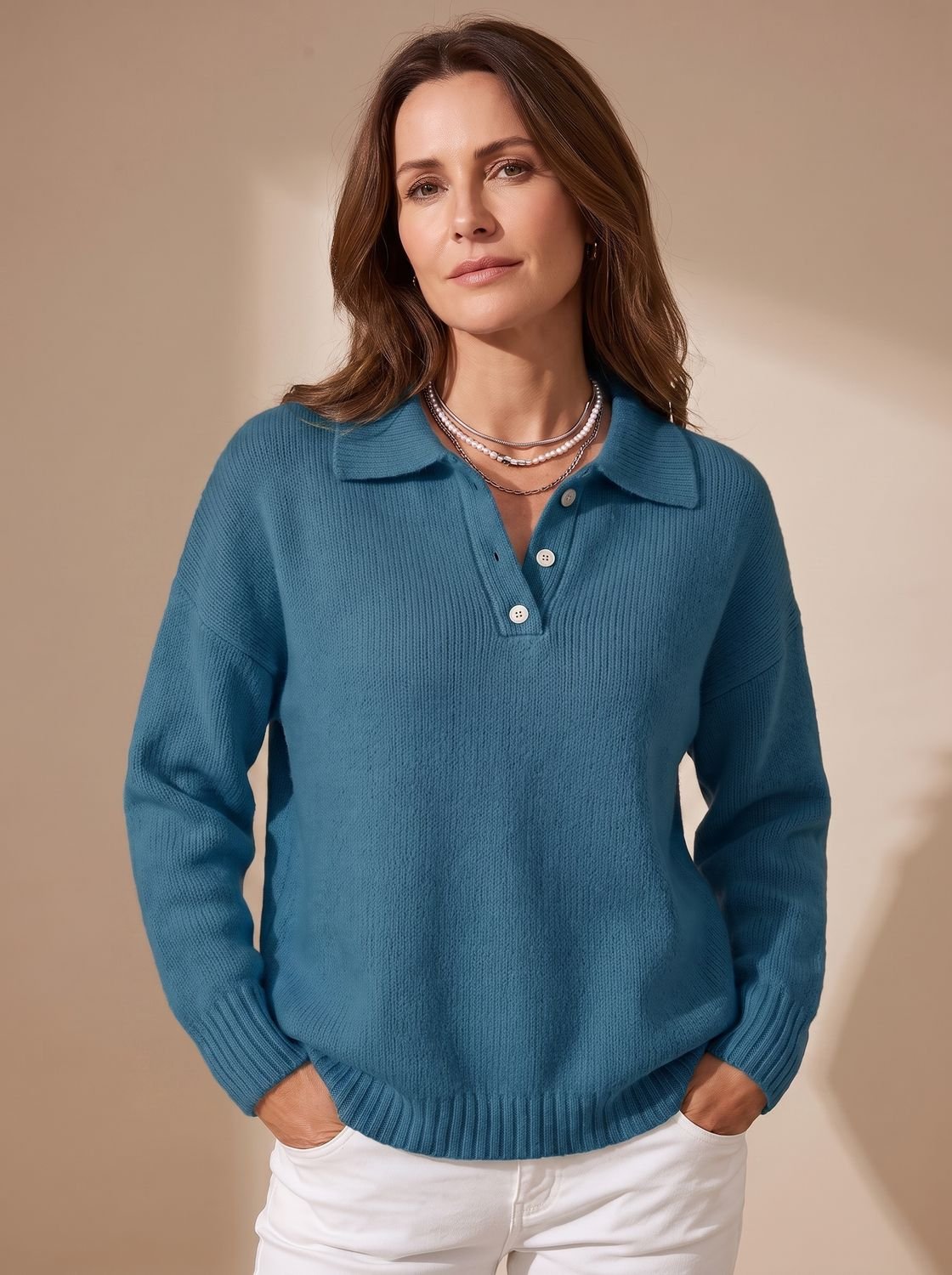 Greta Button-Placket Polo Sweater
