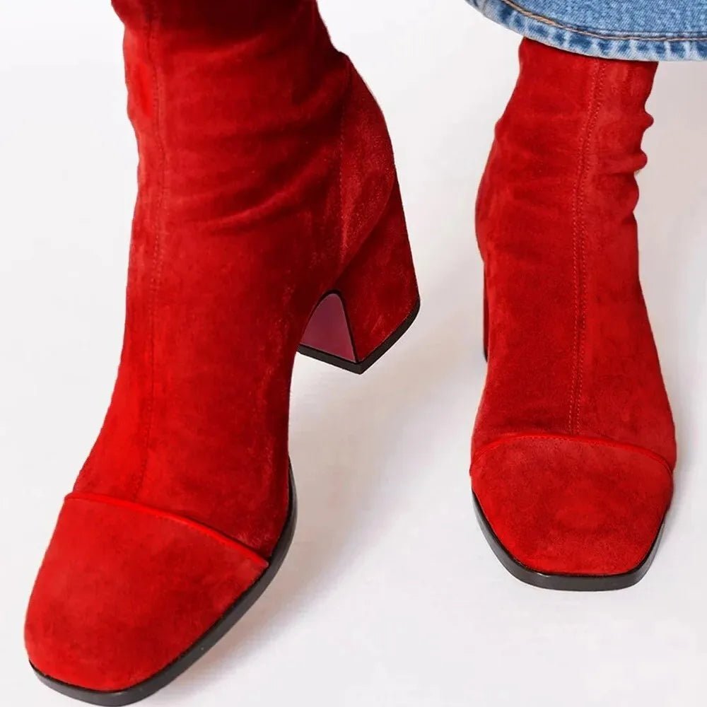 Luisa Suede Block-Heel Square-Toe Booties
