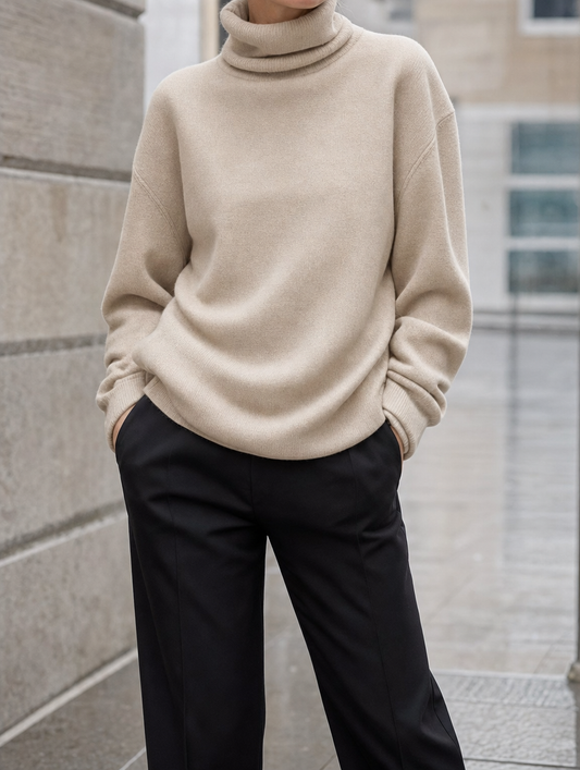 Woman wearing the Elstow Velvet-Lined Roll Neck, front view