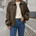 Fairholme Suede-Look Padded Bomber in khaki worn with jeans, front view