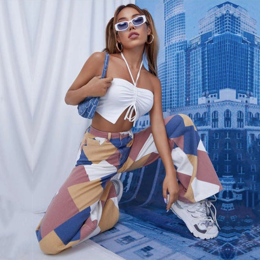 Ravenna High-Waisted Flared Denim Jeans with Bold Checkered Print