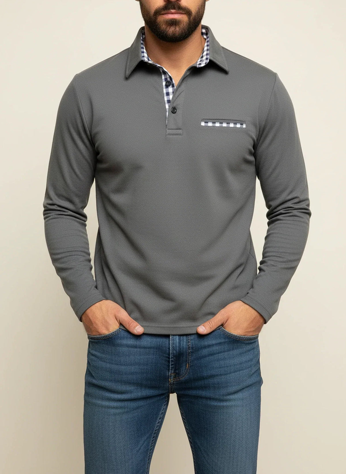Richard Plaid Trim Long Sleeve Polo