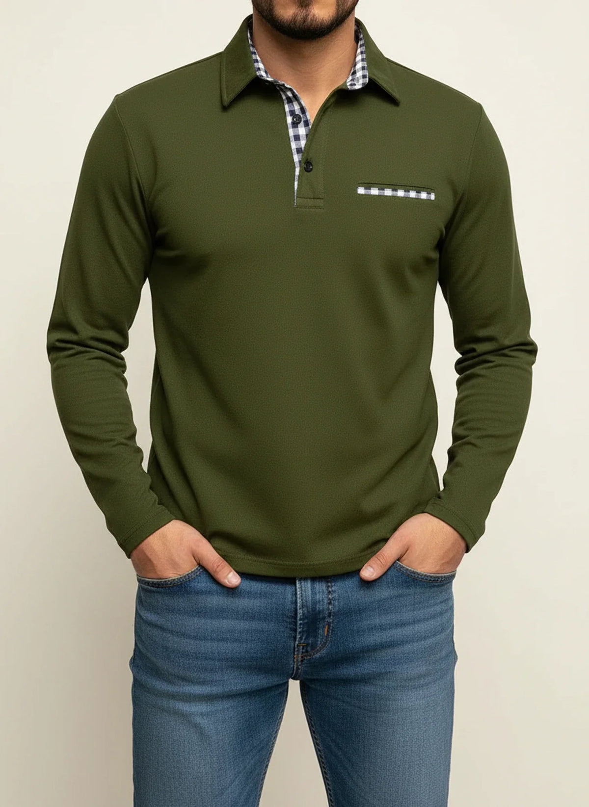 Richard Plaid Trim Long Sleeve Polo