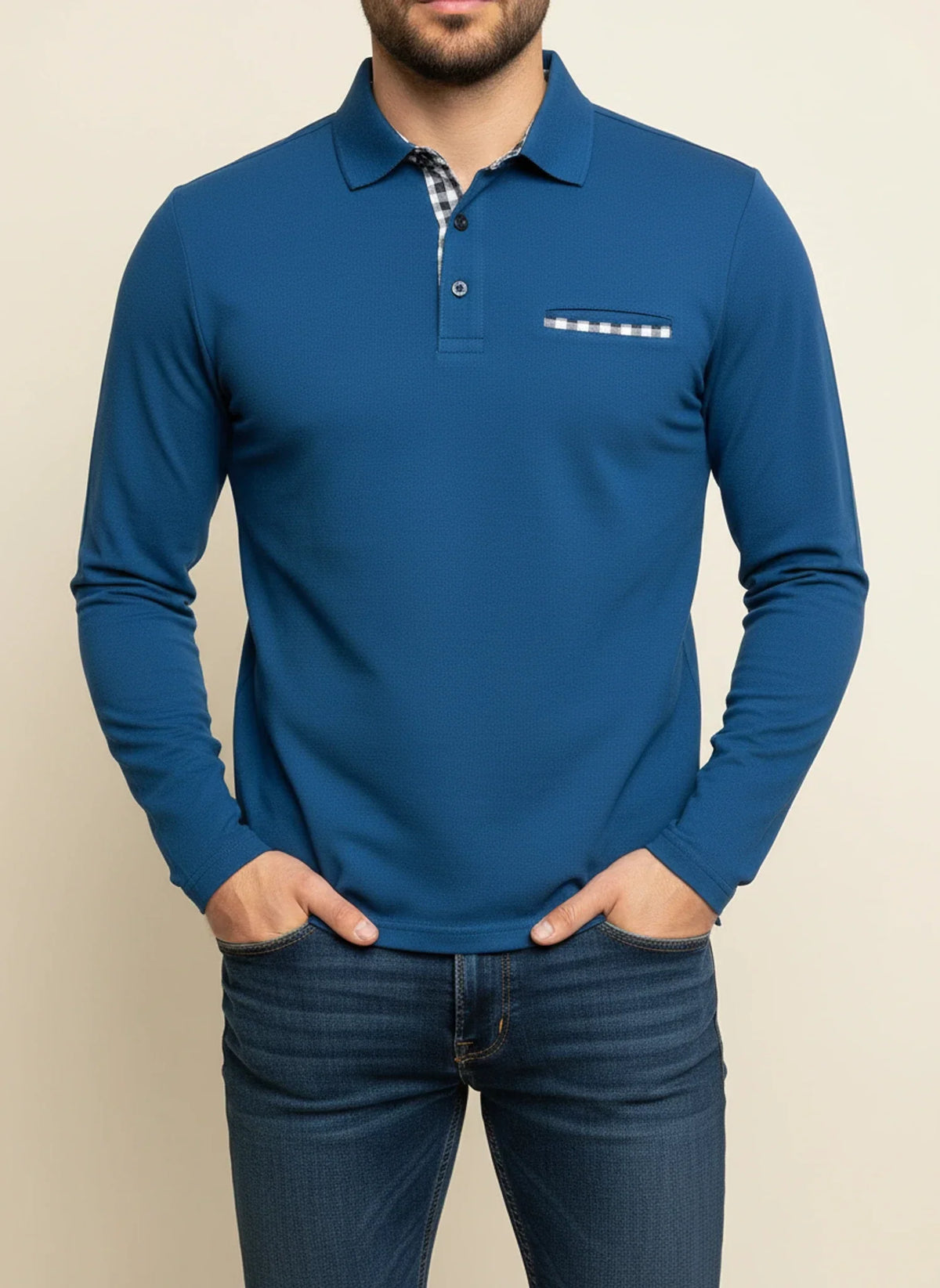 Richard Plaid Trim Long Sleeve Polo