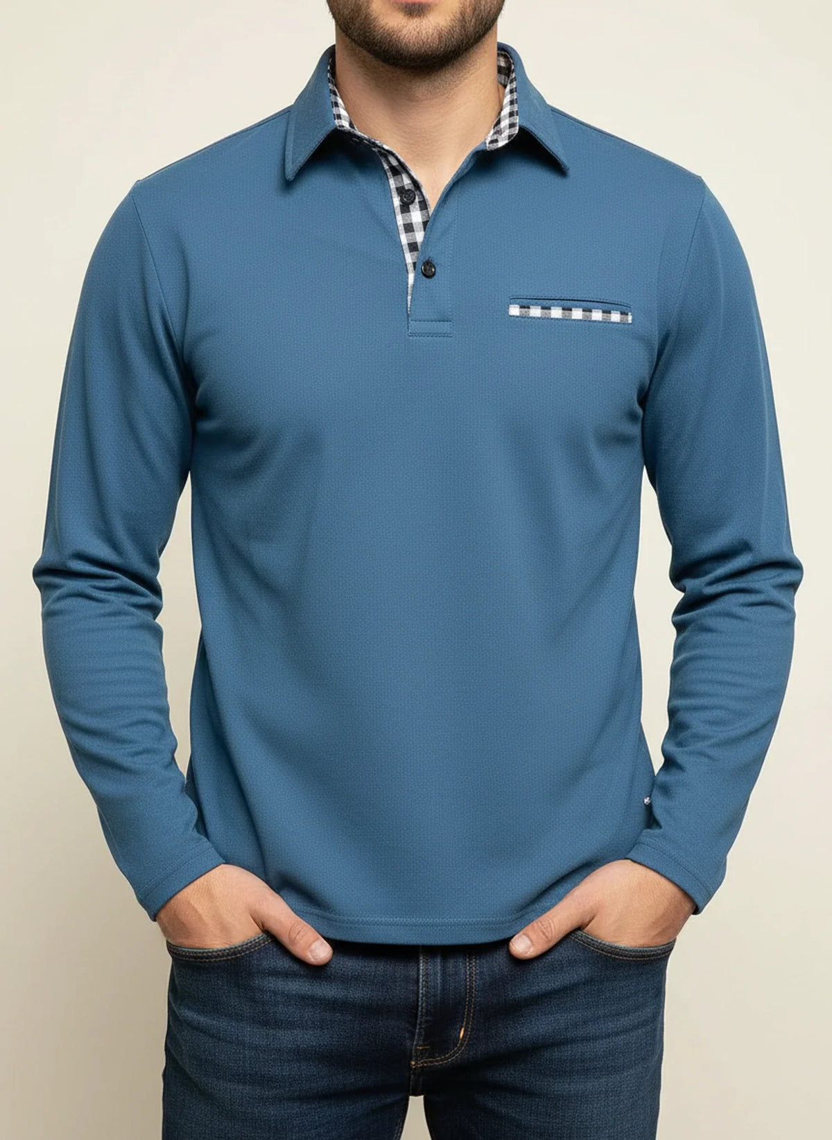 Richard Plaid Trim Long Sleeve Polo