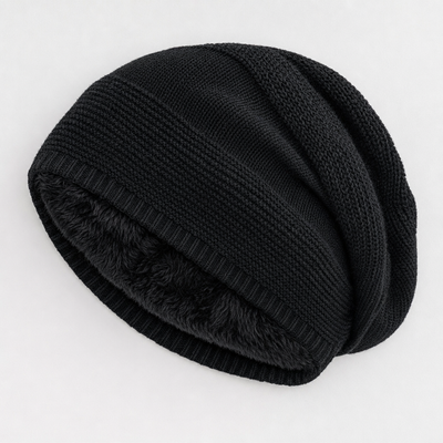 Ravensworth Lined Slouch Beanie in black, product shot