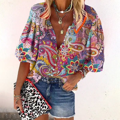 Isla | Boho Print Bell Sleeve V-Neck Blouse