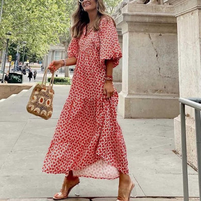 Flora | Puff Sleeve Boho Printed V-Neck Maxi Dress