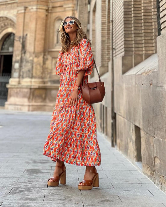 Flora | Puff Sleeve Boho Printed V-Neck Maxi Dress