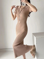 Lena Fitted Ribbed Knit Polo Dress with Button Placket