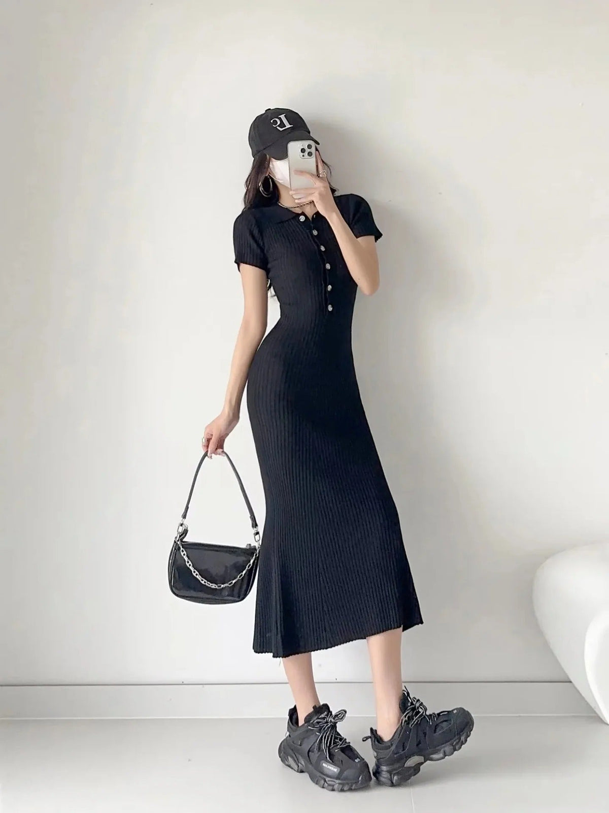 Lena Fitted Ribbed Knit Polo Dress with Button Placket