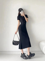 Lena Fitted Ribbed Knit Polo Dress with Button Placket