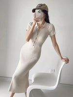 Lena Fitted Ribbed Knit Polo Dress with Button Placket