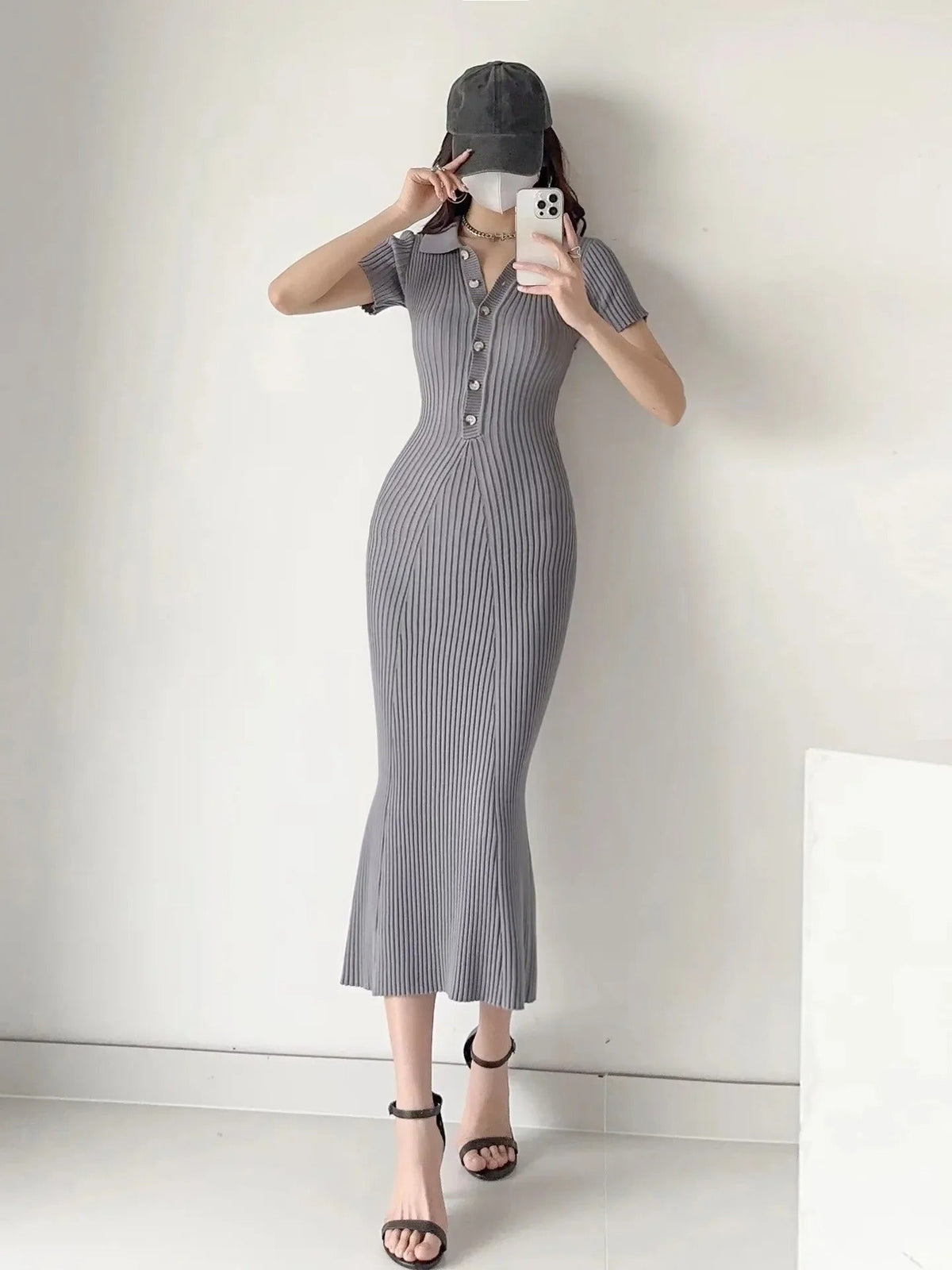 Lena Fitted Ribbed Knit Polo Dress with Button Placket